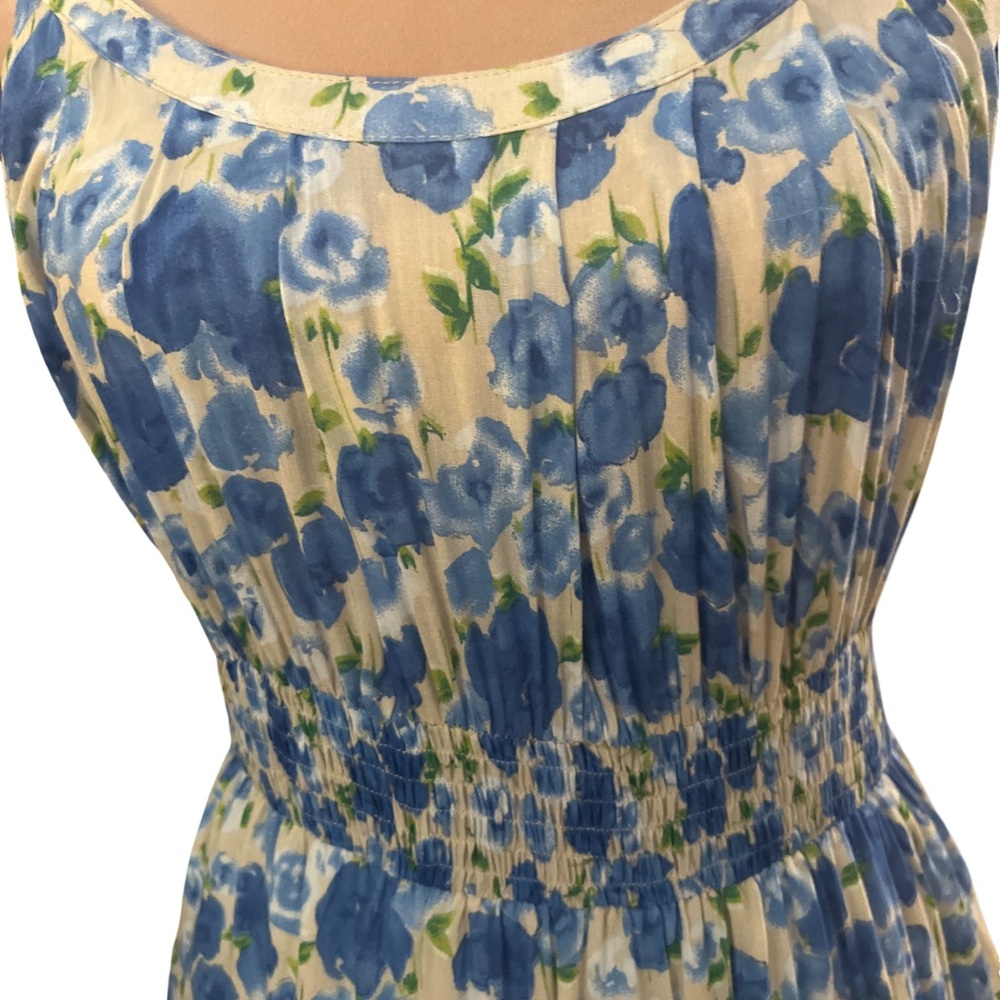 Tulle for Anthropologie Blue and White Floral Midi Dress with Ruched Waist - Picture 5 of 10